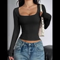 thumbnail image 4 of Camisas de Larga para Mujer, Tops Cortos, Cuello Cuadrado, Camisetas Básicas para Salir, Ropa de Invierno Y2K 2025 Negro XL, 4 of 7