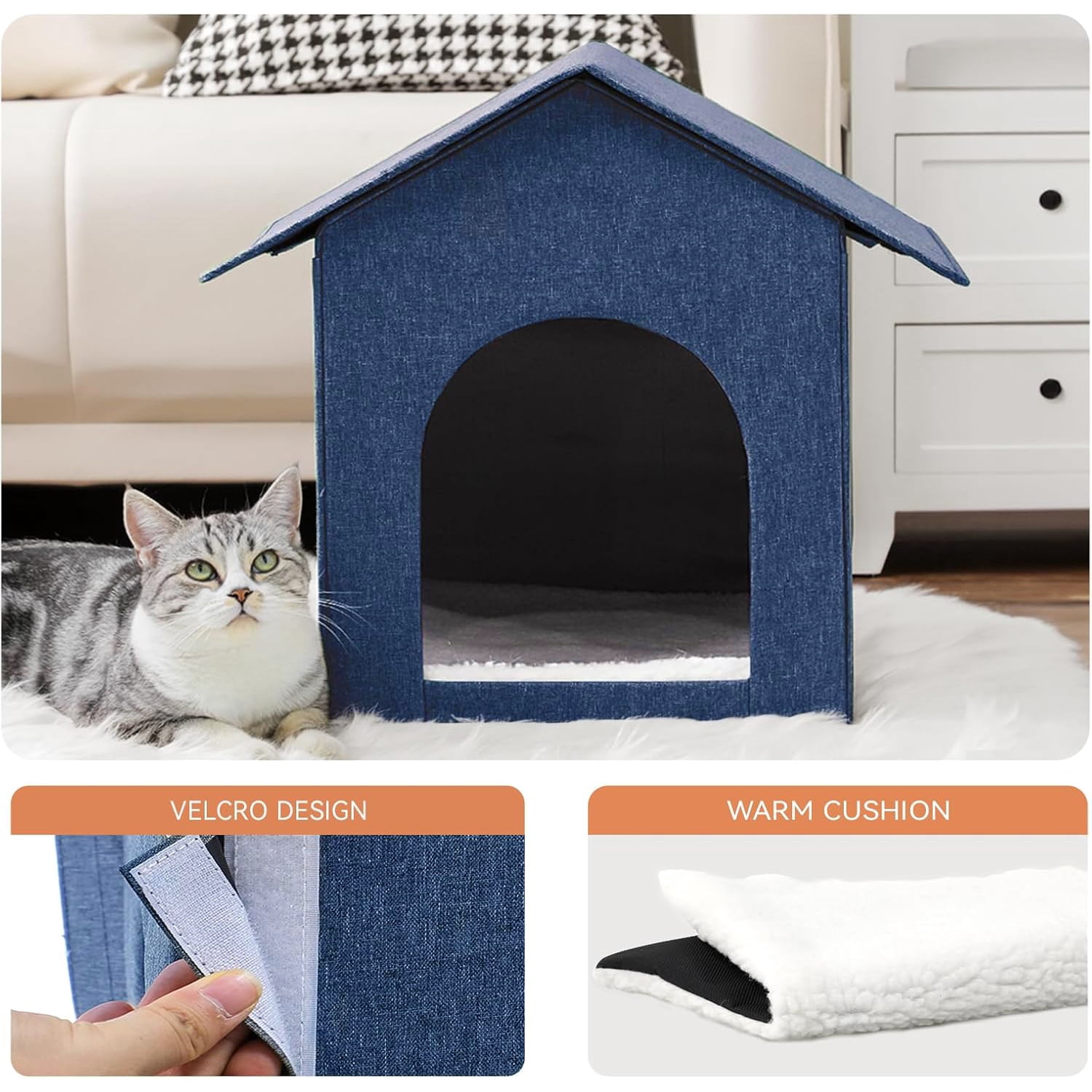 Cat House, Foldable Cat Bed for Outdoor, Cat Tent with Removable Soft Cushion ,Shelter for Cats Dogs ,17 x 13 x17 inches, Blue