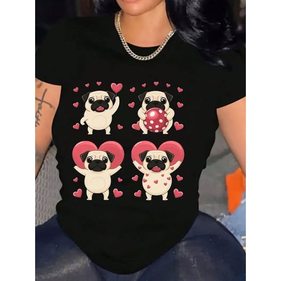 Cute Pug Pattern Love Valentine's Day Women Short Sleeve Graphic Casual T-Shirt