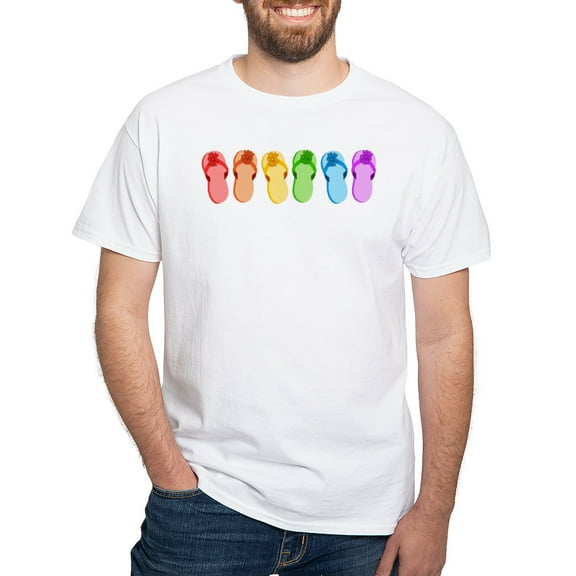 CafePress - Rainbow Flip Flops T Shirt - Men's White Classic Cotton T-Shirts