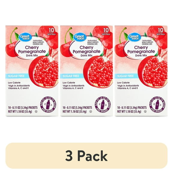 (3 pack) Great Value Sugar-Free Cherry Pomegranate Antioxidant Powdered Drink Mix, 0.11 oz, 10 Count