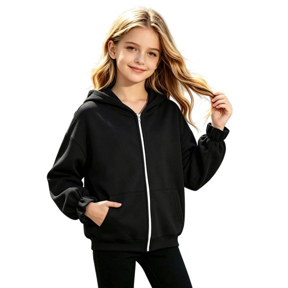 Vividxx Hoodies For Girls Solid Color Zip Up Hoodie With Front Pocket For Kids Cozy Casual Hooded Sweatshirt Everyday Wear Lightweight Streetwear 14-15 Years