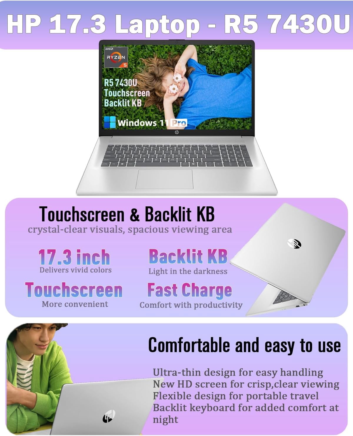 HP Flagship 17 Touchscreen Laptop Computer - 17.3" Anti-Glare HD+ Display, Windows 11 Pro, Copilot, AMD Ryzen 5 7430U (up to 4.3GHz), Wi-Fi 6, Numeric Keypad, 16GB RAM, 512GB SSD, AI Voice Recorder