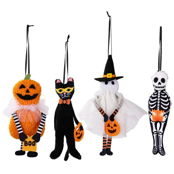 4Pack Halloween Hanging Decorations,Pumpkin Black Cat Skeleton Pendants,Weather-Resistant Polyester Party Decor for Indoor,Outdoor Door,Wall Displays