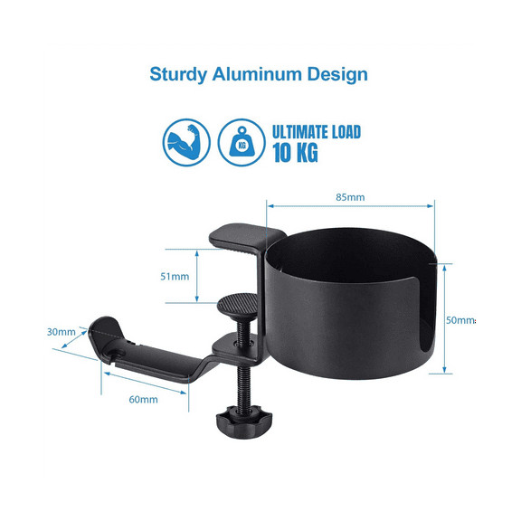 Desk Cup Holder, 2 in 1 Desk Cup Holder with Headphone Hanger, Anti-Spill Cup Holder for Desk or Table Black