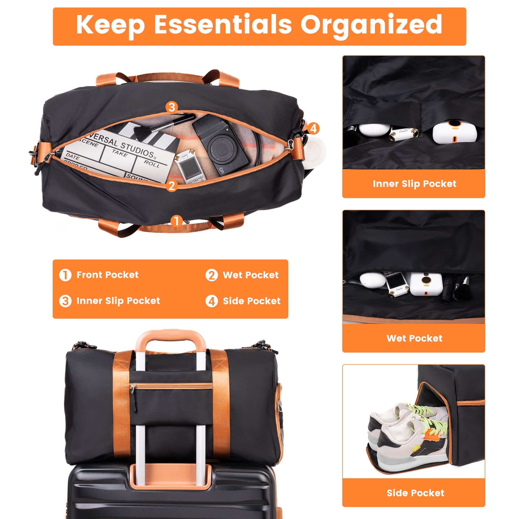 Hardside Luggage Sets 3 Piece, Hardshell Suitcase TSA Lock Spinner Wheel with Travel Duffle Bag and 4 Packing Cube.Black
