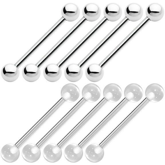 Wholesale Lot of 10 Tongue Ring Piercing Barbells Surgical Steel and Clear Retainers 14g