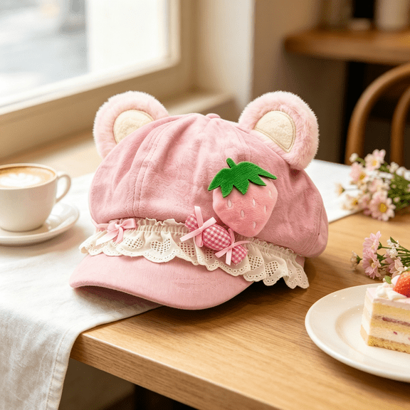 Y2K Cutecore Kawaii Bear Ears Newsboy Beret Hat, Hats for Women,Octagonal Plush Cap,Sweet Lolita Style,Polyester Suede‑Like with Lace Ruffle,3D Food Decor,2000S Clothes Accessories-Pink