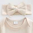 thumbnail image 4 of CAICJ98 Baby Girls Clothes Letter Embroidery Long Sleeve Romper Bow Waffle Knit Ruffled Newborn Infant Winter Fall Spring Outfit with Headband (Beige,0-3 Months), 4 of 7