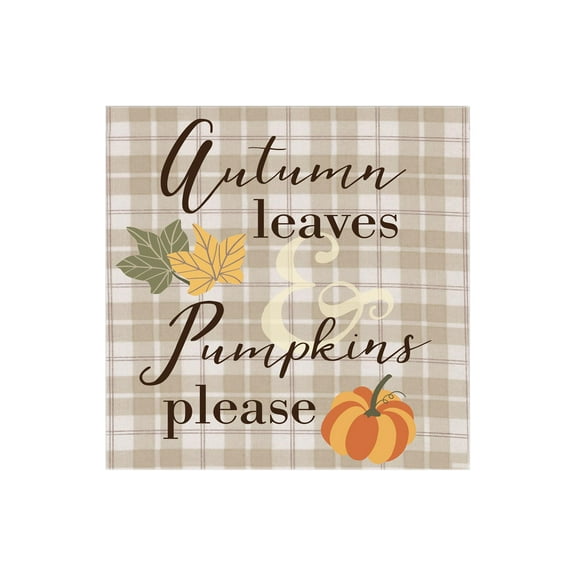 Autumn Leaves Pumpkins Cream Plaid 12 x 12 Wood Wall Sign Plaque