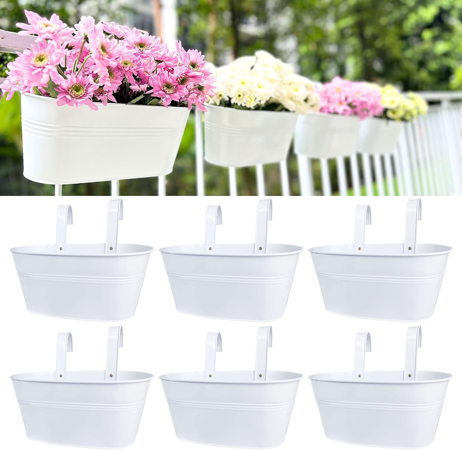 Outdoor Hanging Flower Pots 6 Pack 11.8 Inch White Metal Iron Planters Deck Railing Fence Window Box Plant Holders Porch Decor