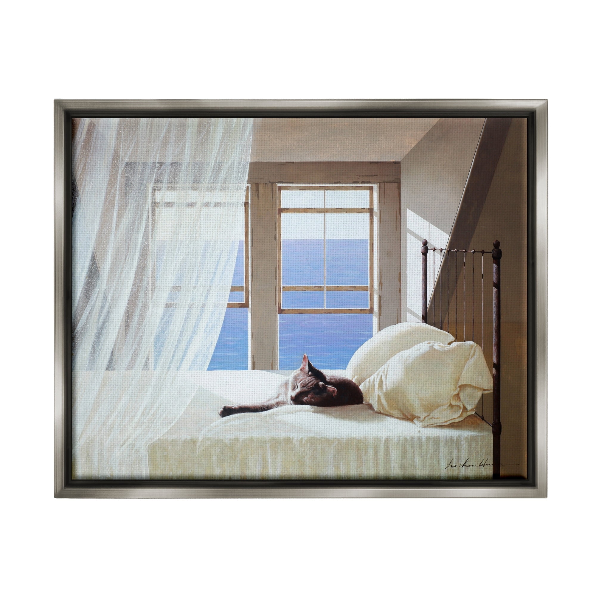 Stupell Industries Cat Resting on White Oceanside Bed Nautical Painting Luster Gray Framed Floating Canvas Wall Art, 16x20, by Zhen-Huan Lu