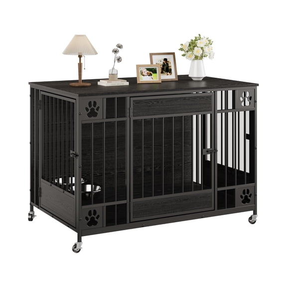 Modern Triple Door Dog Crate Furniture – 41" Decorative Wooden Kennel for Medium & Small Dogs – Stylish Indoor Pet Cage – Black Relief
