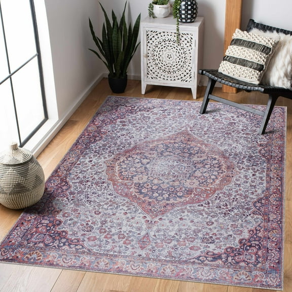 Hauteloom Georgia Collection Cael Machine Washable Area Rug - Oriental Floral Faded Style - Living Room Bedroom Vintage Distressed Carpet - Pet Friendly - Purple, Orange, Off White - 6'7" x 9'