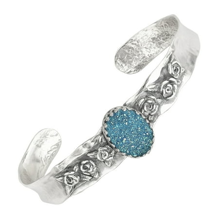 Sajen Oval Blue Druzy Quartz Flower Cuff Bracelet in Sterling Silver