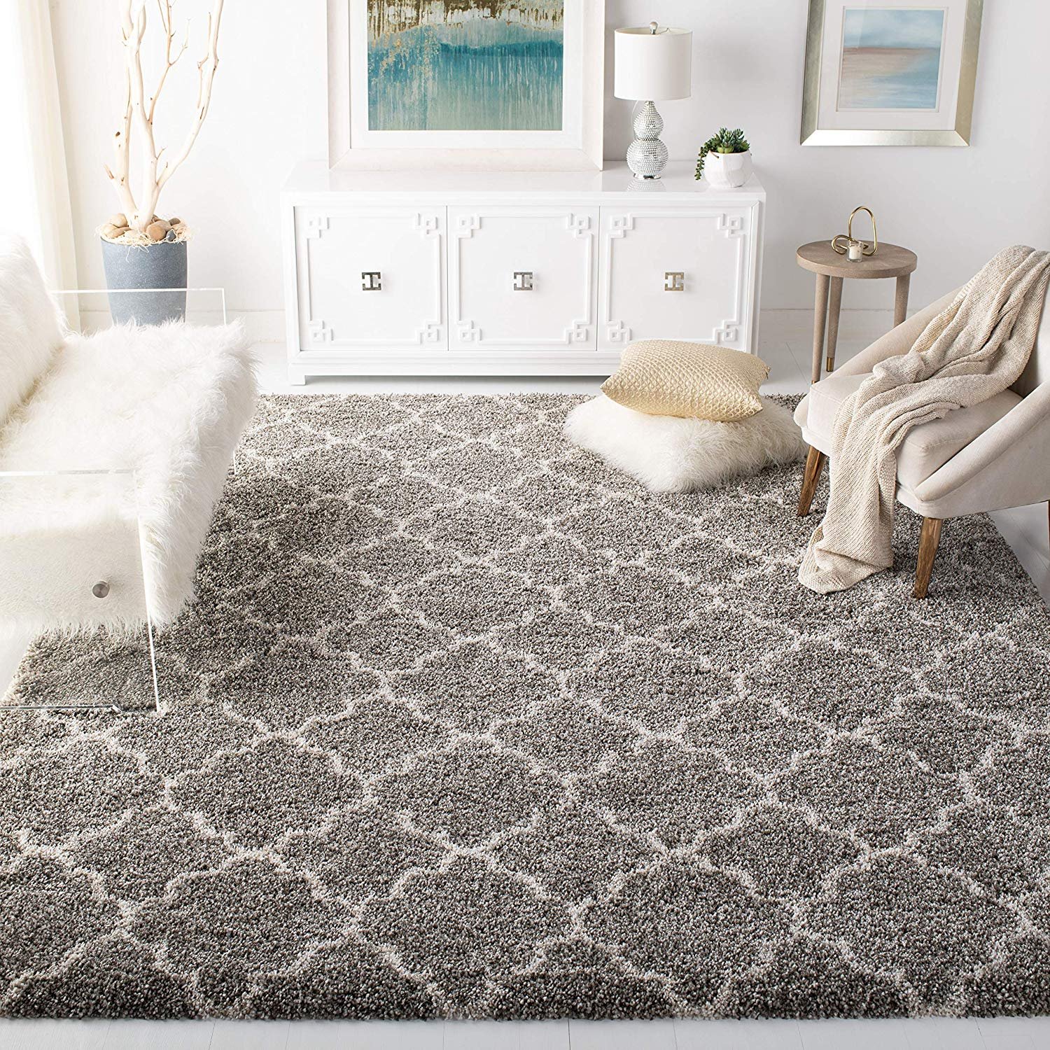 Safavieh Hudson Shag Collection Grey and Ivory Moroccan Geometric