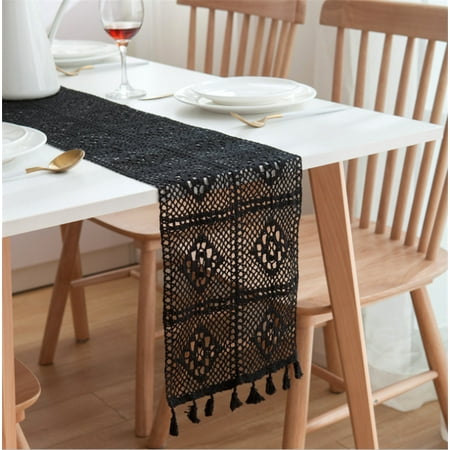 

Homeex Vintage Black Table Runner Palace Lace Handmade Crochet Hollow Polyester Cotton Tassel Lace Placemat Table Side Cabinet Black 24X140