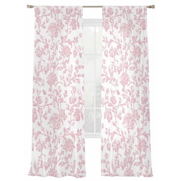 Light Pink Floral Paisley Sheer Curtains for Living Room Bedroom, Boho Leaf Vintage Farmhouse Linen Light Filtering Sheer Curtain Rod Pocket Voile Window Treaments Drapes, 52 x 96 Inches
