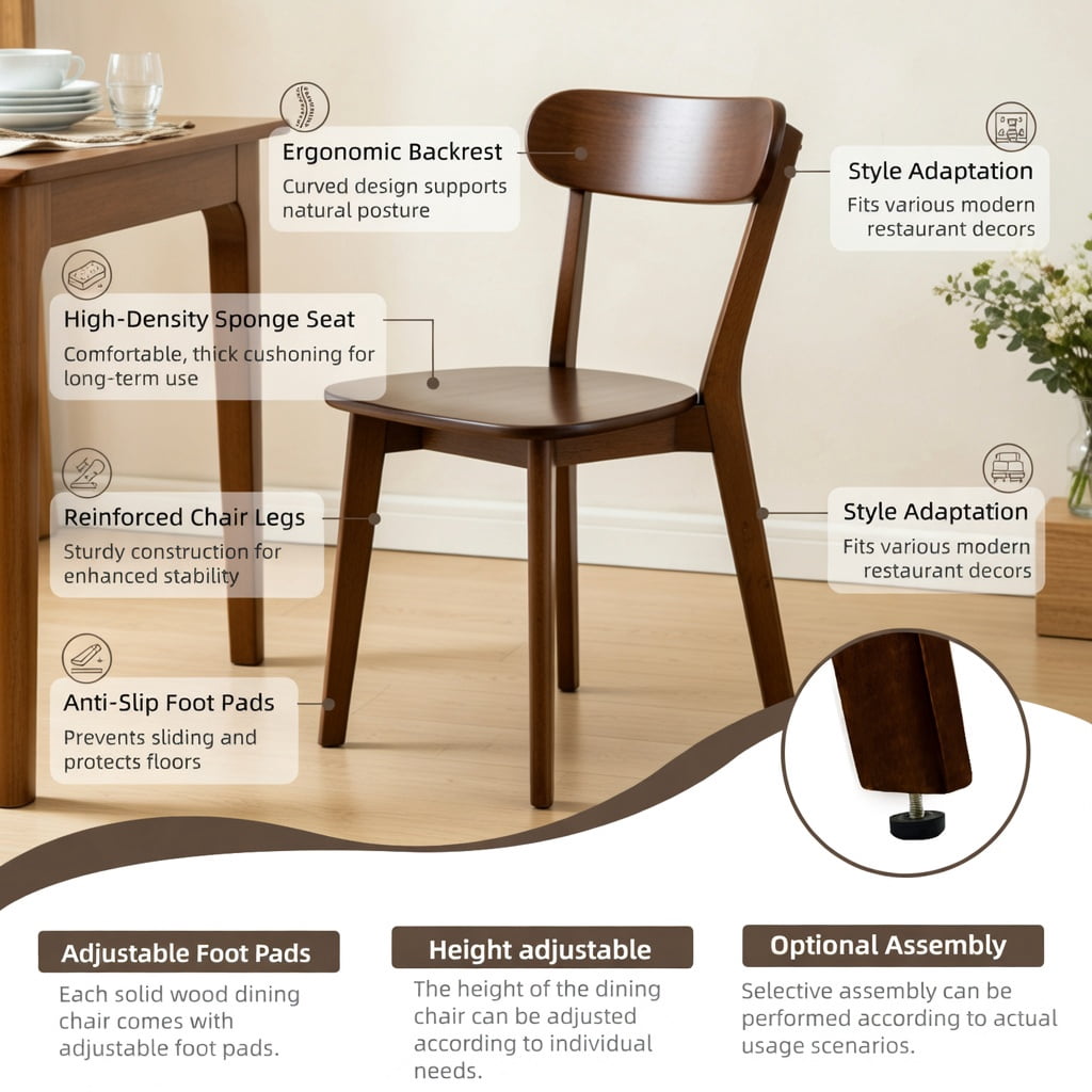Hommoo Mid Century Modern Solid Wood Dining Chair, Ergonomic Curved Backrest, Adjustable Leveling Feet, Sturdy Slanted Legs for Dining Room, Kitchen & Living Room, Walnut