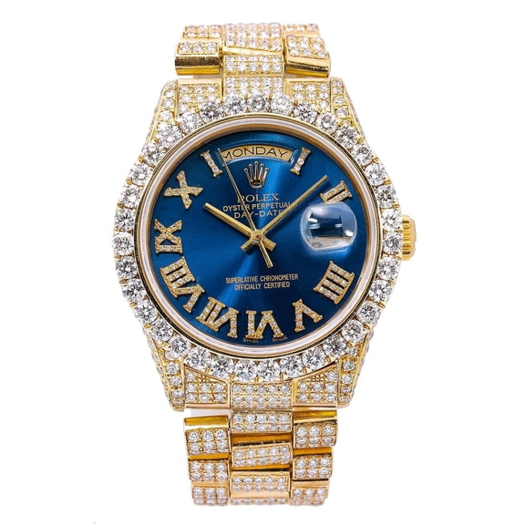 Pre-Owned Rolex Day-Date 36MM 18038 Blue Roman Diamond Dial Diamond Bezel 18K Yellow Gold Full Diamond President Bracelet 9.25ct