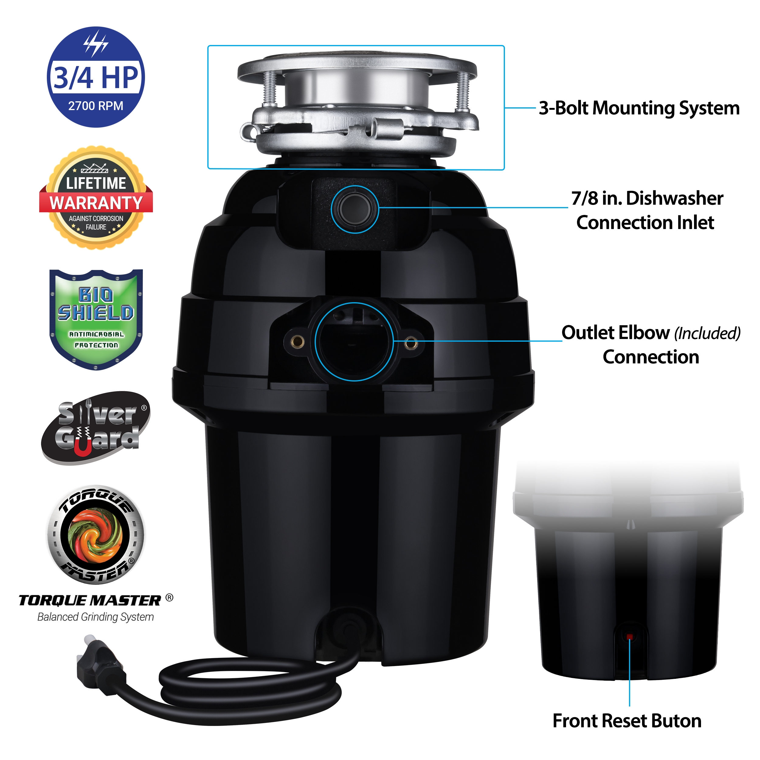 Waste Maid Deluxe 3/4 HP Continuous Feed Garbage Disposal 10-US-WM-458-3B 