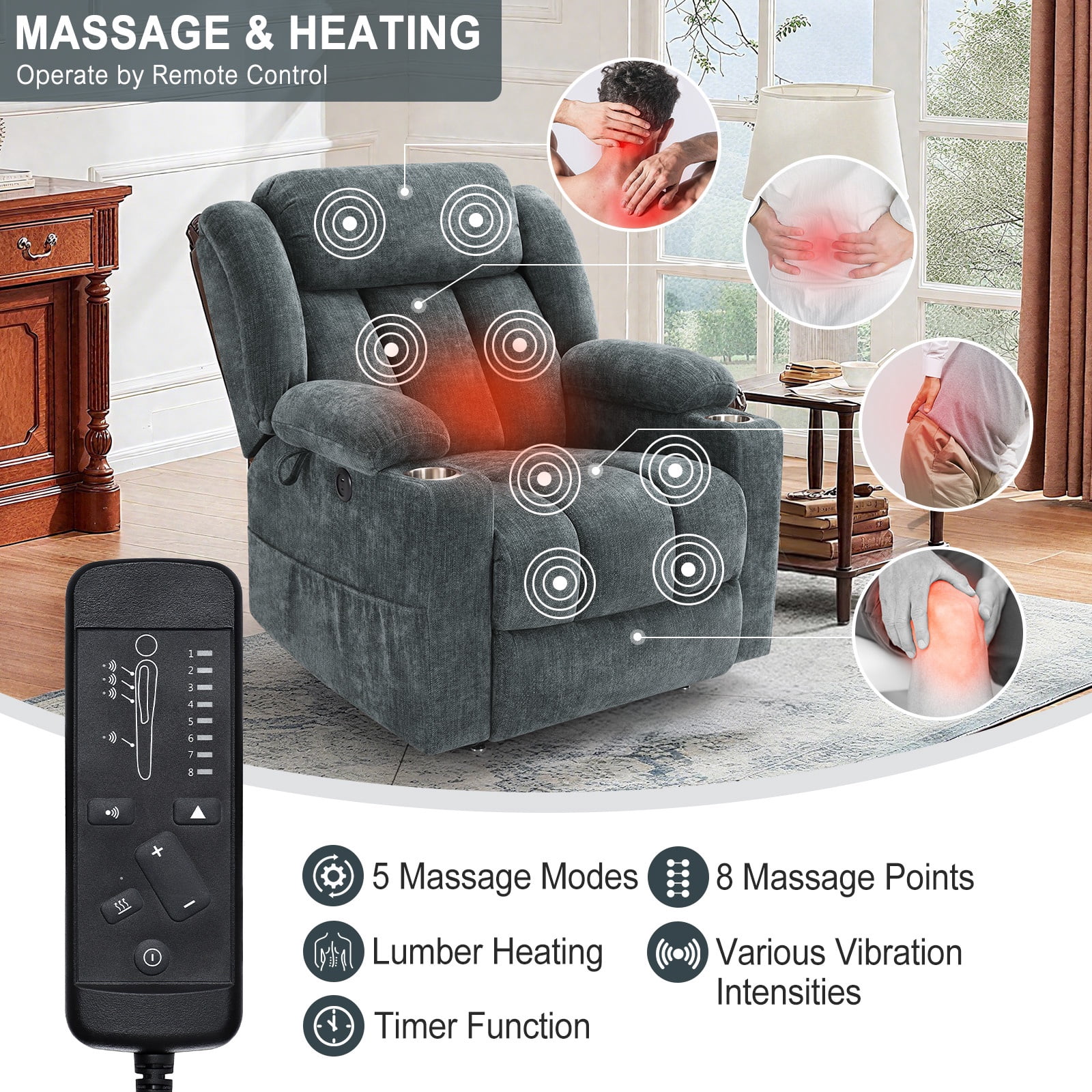 WACASA Lay Flat Recliner Chair with Heat and Massage, Dual Motor Lift Chairs for Elderly with Cup Holder, USB Ports, Oversized Power Recliners for Adults-Gray Blue
