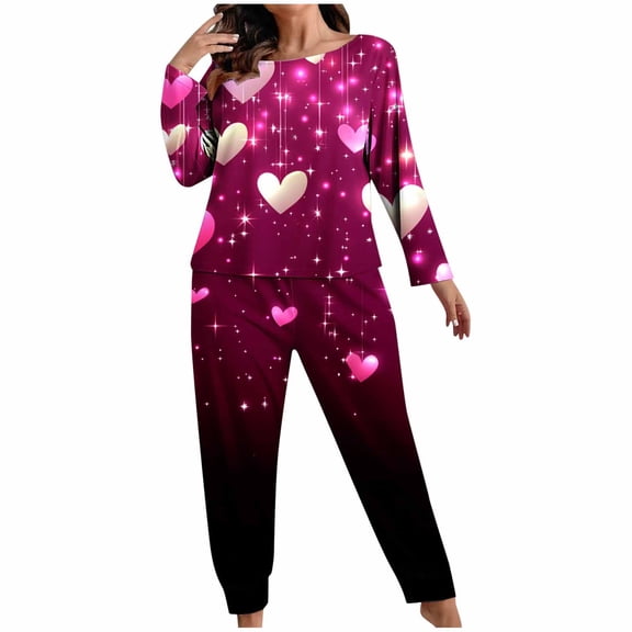Cavosen Valentine's Day Holiday Pajamas for Women Long Sleeve Soft Shirt Straight Leg Pants Heart Printed Breathable Casual Sleepwear Black 4XL