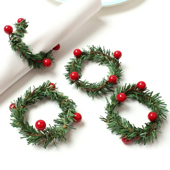 Christmas Napkin Rings Set of 4, Pine Needles Wreath with Red Berry Napkin Holder for Winter, Family Gathering, Banquet