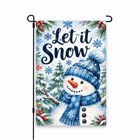 Let it Snow Garden Flag with Snowman & Evergreen Design, 12x18 Inch - Winter Yard, Lawn, Patio, Porch, Outdoor Christmas Holiday Decor