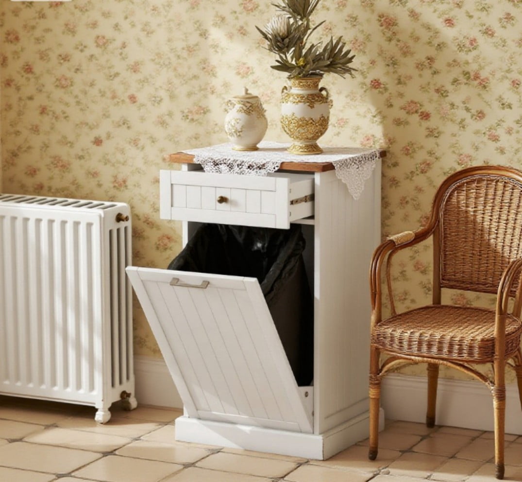 Kitchen Hidden Bin Cabinet, Tilt Out Trash Cabinet with Drawer, Freestanding Garbage Can Holder, Recycling Bin Storage, Pet Proof Design, Cream White