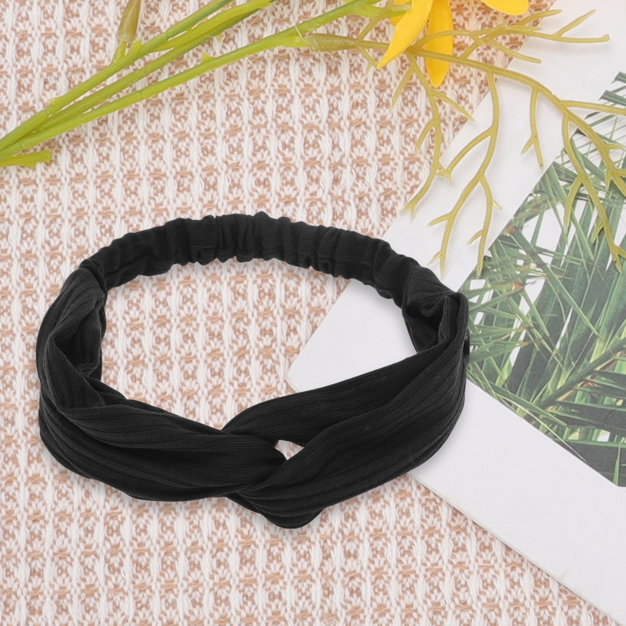 Unique Bargains Button Stripe Elastic Headwrap 1 Pc Black