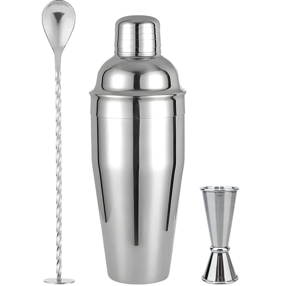 Cocktail Shaker Set,24oz Drink Shaker with Bartender Strainer, Measuring Jigger, Bar Mixing Spoon, Cocktail Recipe Guide, Professional Drink Mixer Set for Beginners, Silver