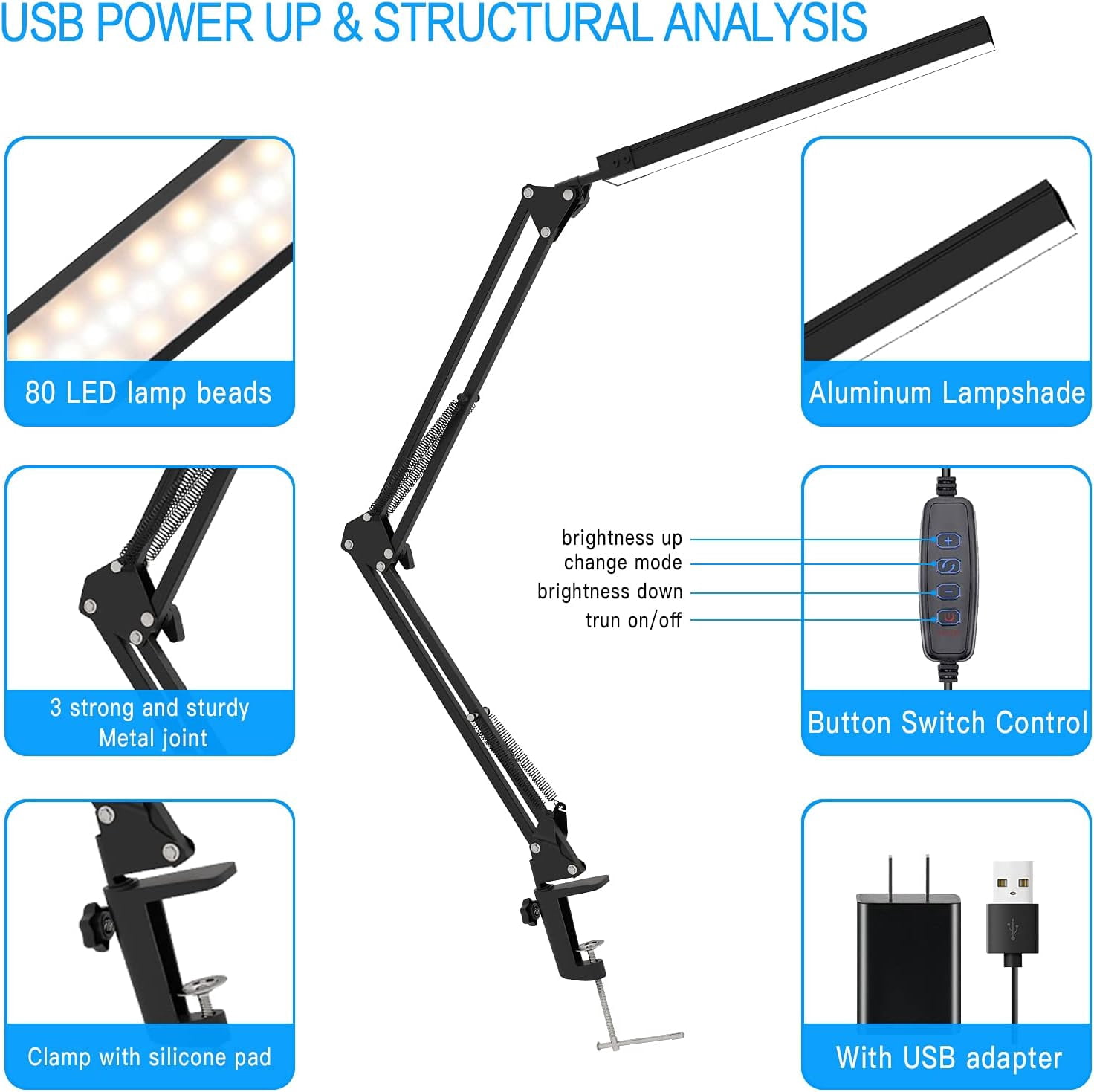 Jxr LED Desk Lamp, Swing arm Desk Light with clamp, 3 Lighting 10 Brightness Eye-Caring Modes, Reading Desk Lamps for Home Office 360 Degree Spin with USB Adapter & Memory Function