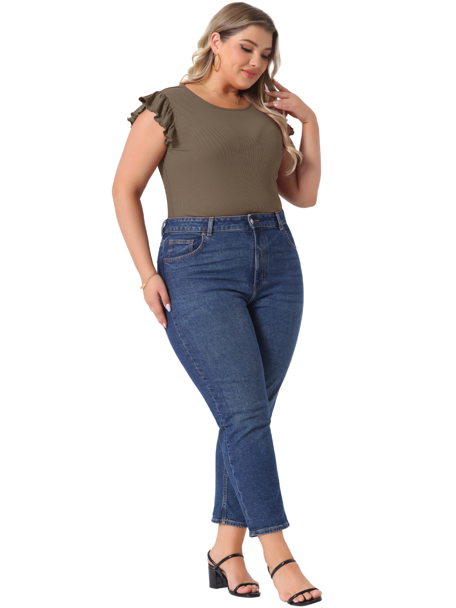 DARING DIVA Women's Plus Ruffle Sleeveless Slim Fit Stretchy Bodysuit 1X Light Brown
