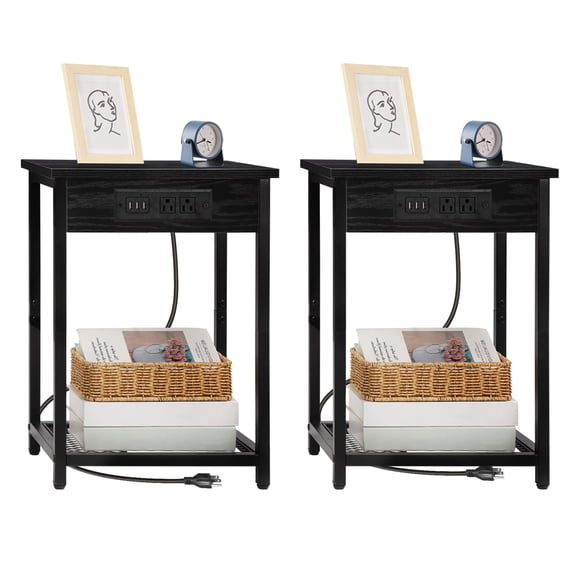 2 Pack Black End Table with Charging Station, Side Table Equipped with USB Ports and Power Outlets, 2 Tier Storage Nightstand with Metal Frame for Bedroom, Living Room Sofa Side