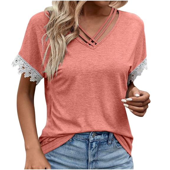 Women's Short Sleeve Shirt, Lace Trim Round Neck Blouse, Casual Stretch Work Top, Polyester Spandex Comfort Fit