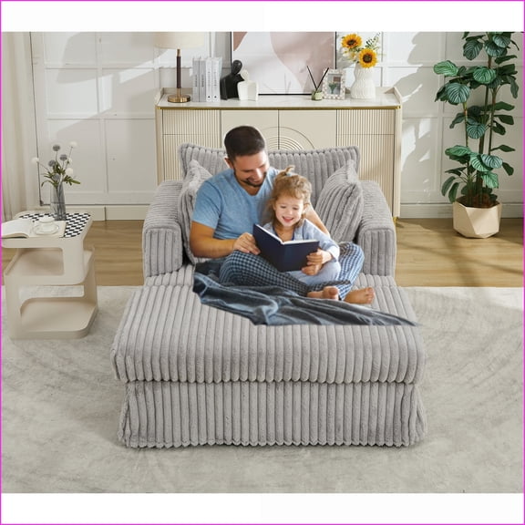 Chaise Lounge, 47.7'' Oversized Corduroy Deep Seat with Movable Ottoman & 2 Pillows, Light Gray | Polypropylene Cotton Fill | 300 lbs Capacity