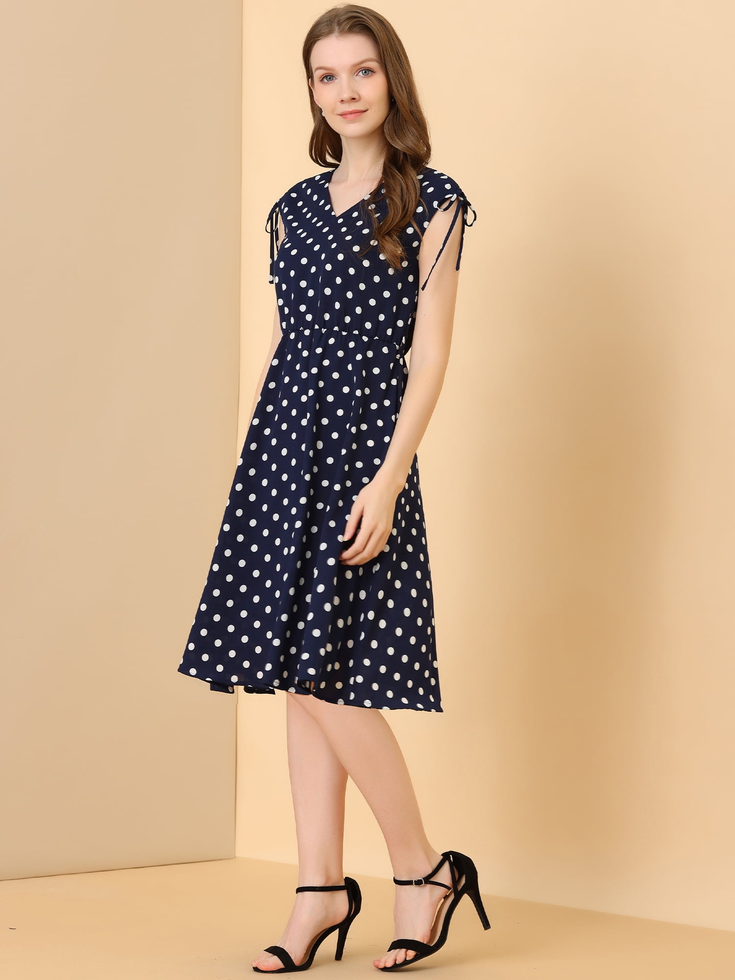 DARING DIVA Women's Polka Dots Vintage V Neck A-Line Sleeveless Midi Dress S Dark Blue
