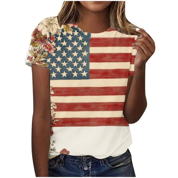 BUIGTTKLOP American Flag Short Sleeve Crew Neck Shirt for Women 4th of July Independence Day Graphic Short Sleeve Tee Summer Patriotic Tops