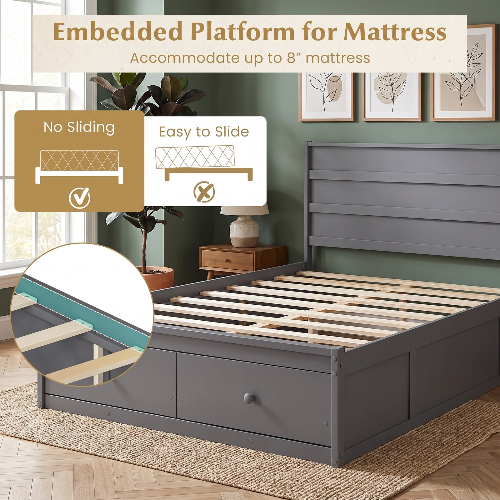 Furnibear Full Size Bed Frame with Storage, Wooden Platform Bed with Plank Headboard and 2 Storage Drawers, Gray