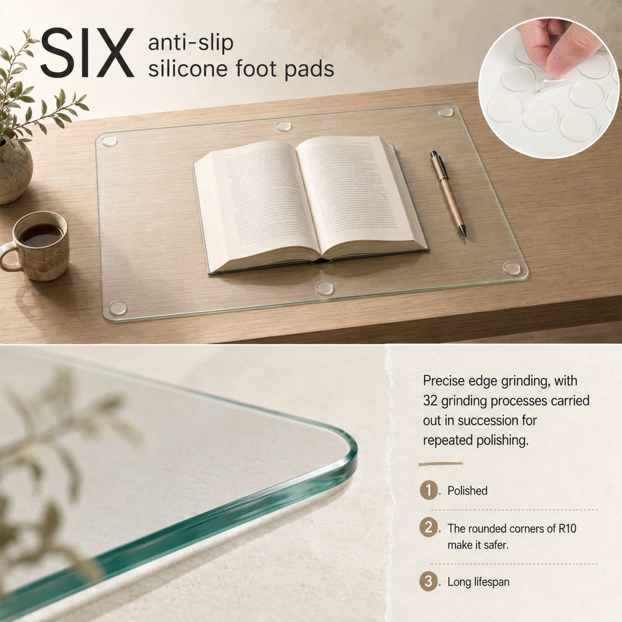 20 x 32 Inch Clear Tempered Glass Table Mat, Anti-Slip Desk Protector, Scratch & Heat Resistant, Polished Edge, Multi-Purpose Glass Pad for Home Office
