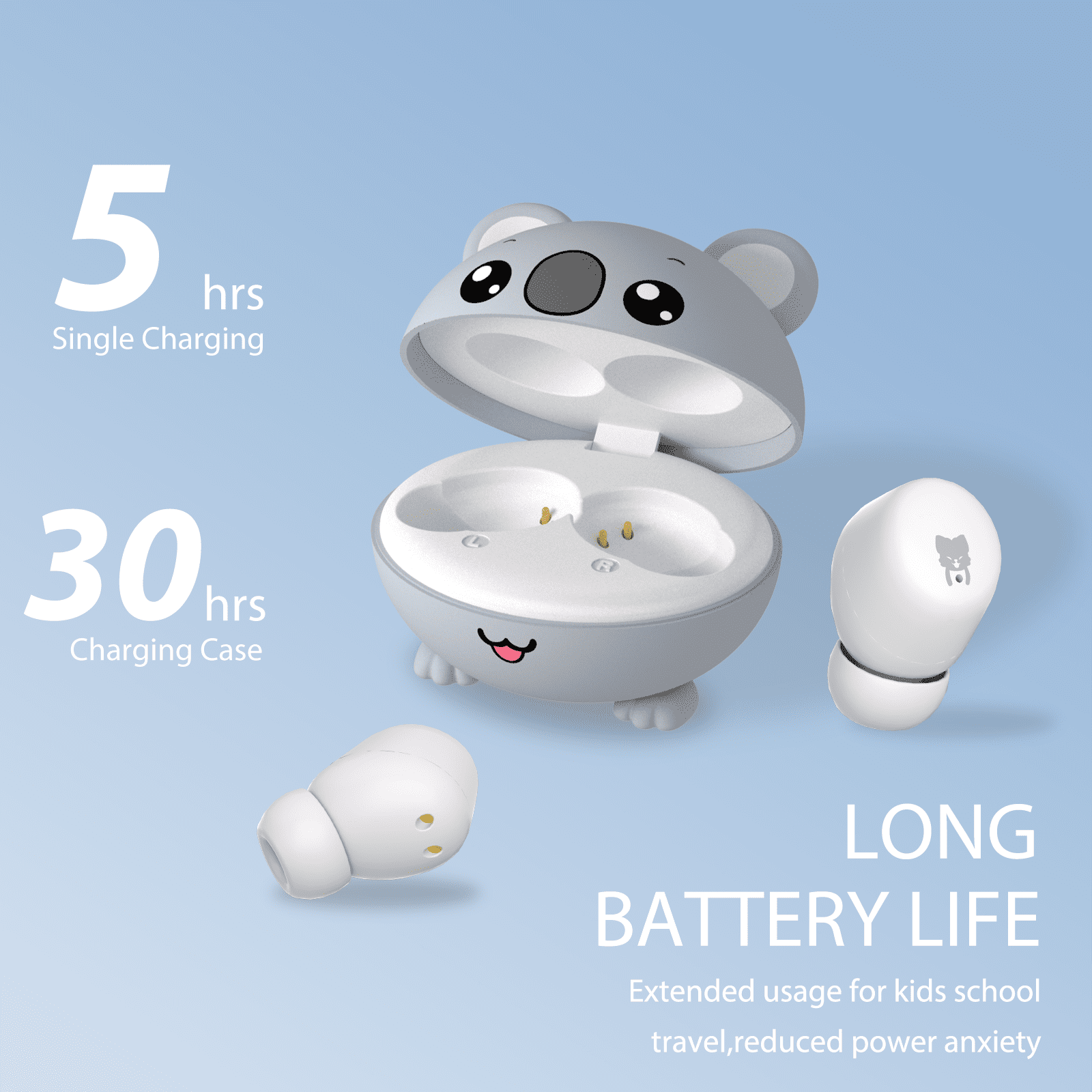 Kids Earbuds, Adorable Koala Bluetooth Headphones for Girls Boys, 85dB Volume Limited, Built-in Mic, 30H Playtime, Safe Material, Lightweight, Touch Control, Earbuds for School,with 3* Earcips(S,M,L)