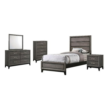 Pemberly Row 5-piece Twin Panel Wood Bedroom Set in Gray Oak and Black