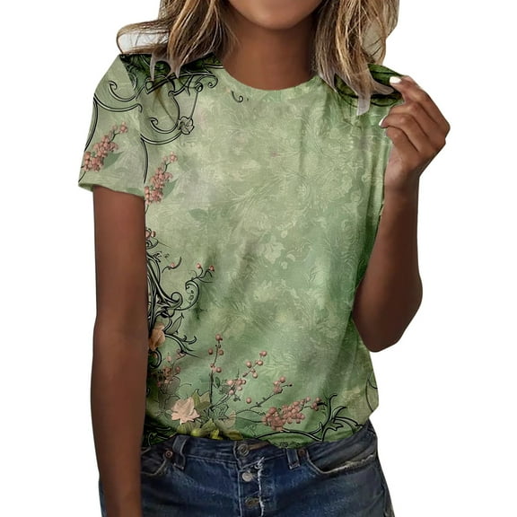Women's Fashion Print Casual T-Shirt Point Sleeve Crew Neck Comfortable Soft Breathable Stylish Top