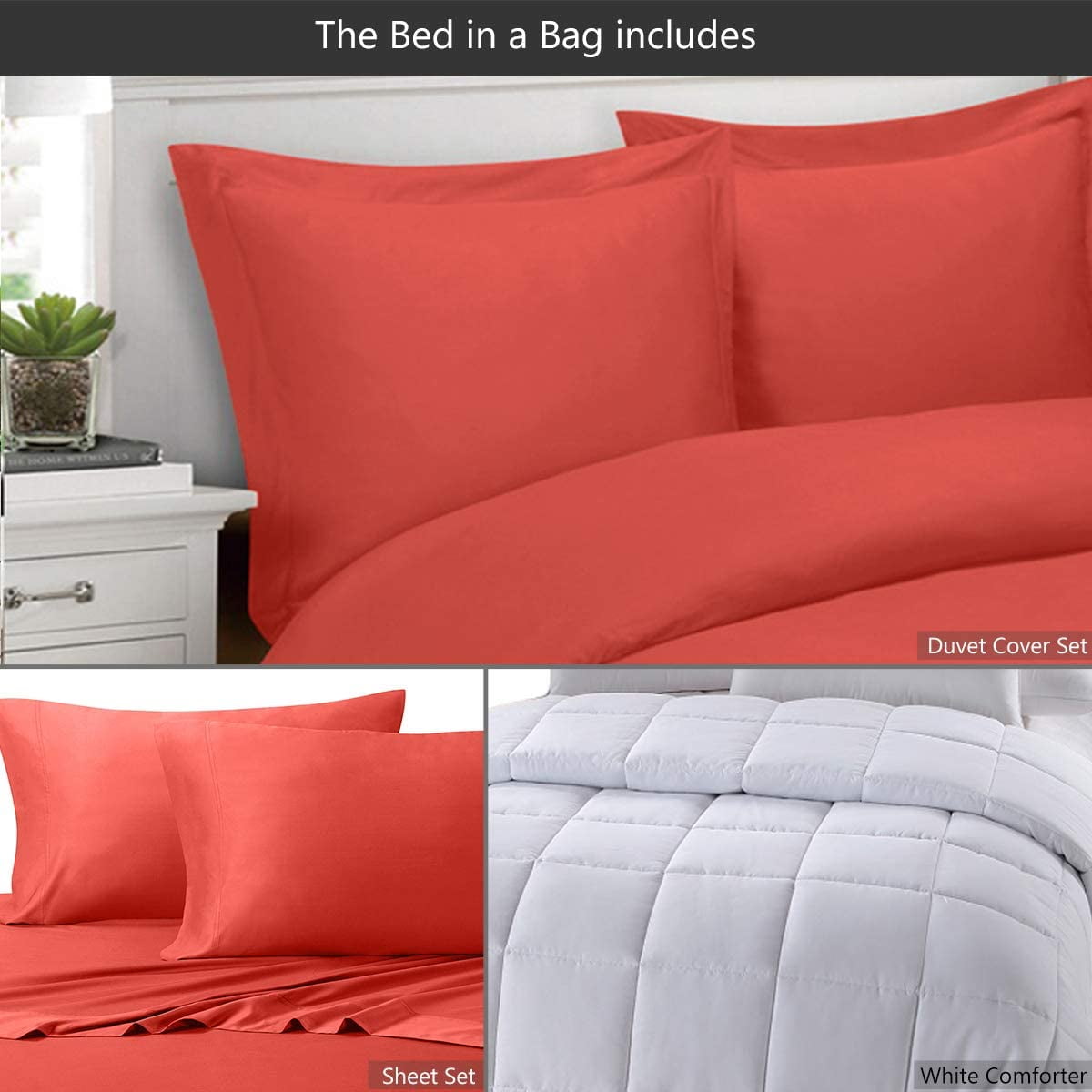 Sheetsnthings 8pc Bed in a Bag Set: Queen Size, Viscose from Bamboo, Solid Coral (Sheet Set & Duvet Cover Set) + White Down Alternative Comforter