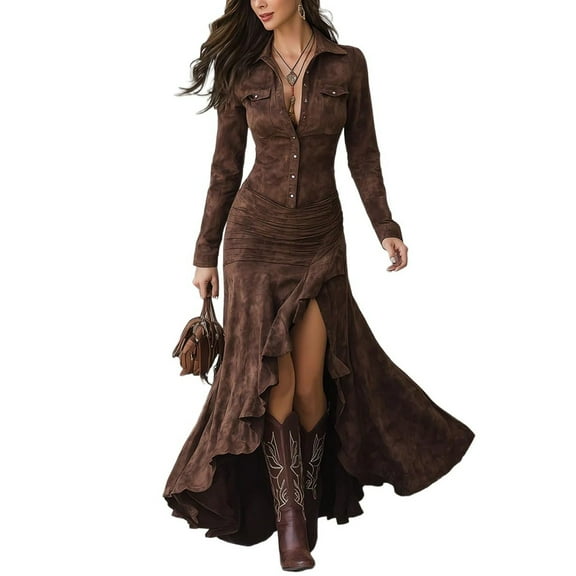 Womens Vintage Western Dresses, Suede V Neck Button Down Long Sleeve Maxi Dress Fishtail Hem Boho Western Dresses Coffee 2XL