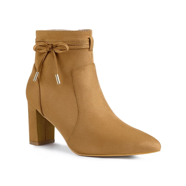 Unique Bargains Women's Pointed Toe Chunky Heel Zipper Ankle Boots Brown 10