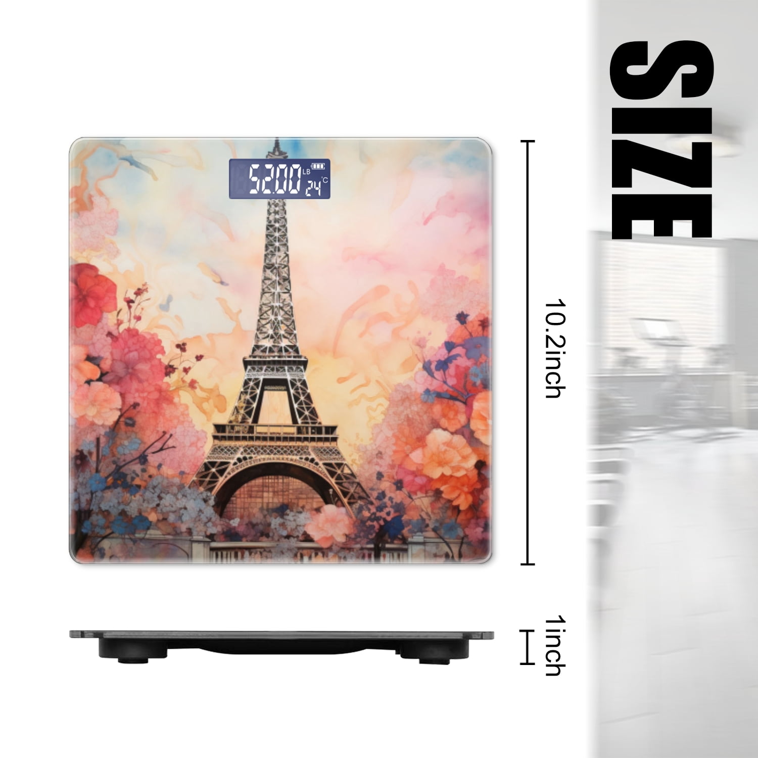 High Precision Body Weight Scale Smart Bathroom Scales with Large LCD Display(400lbs),Decorative for Bedroom-Watercolor Painting Of The Eiffel Tower Surrounded By Blooming Flowers