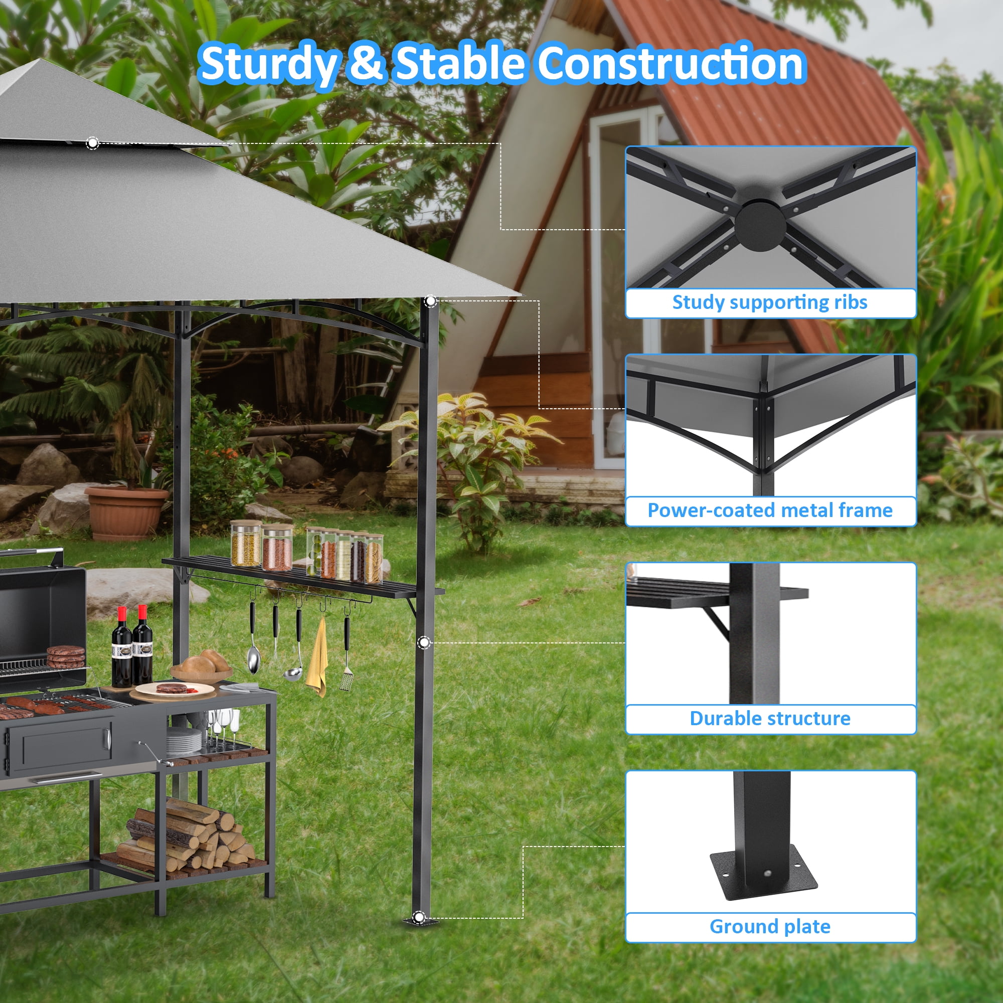 GVDV 8'x 5' Grill Gazebo Canopy, Outdoor BBQ Gazebo Shelter with 2 Side Shelves & Double-Tiered Top