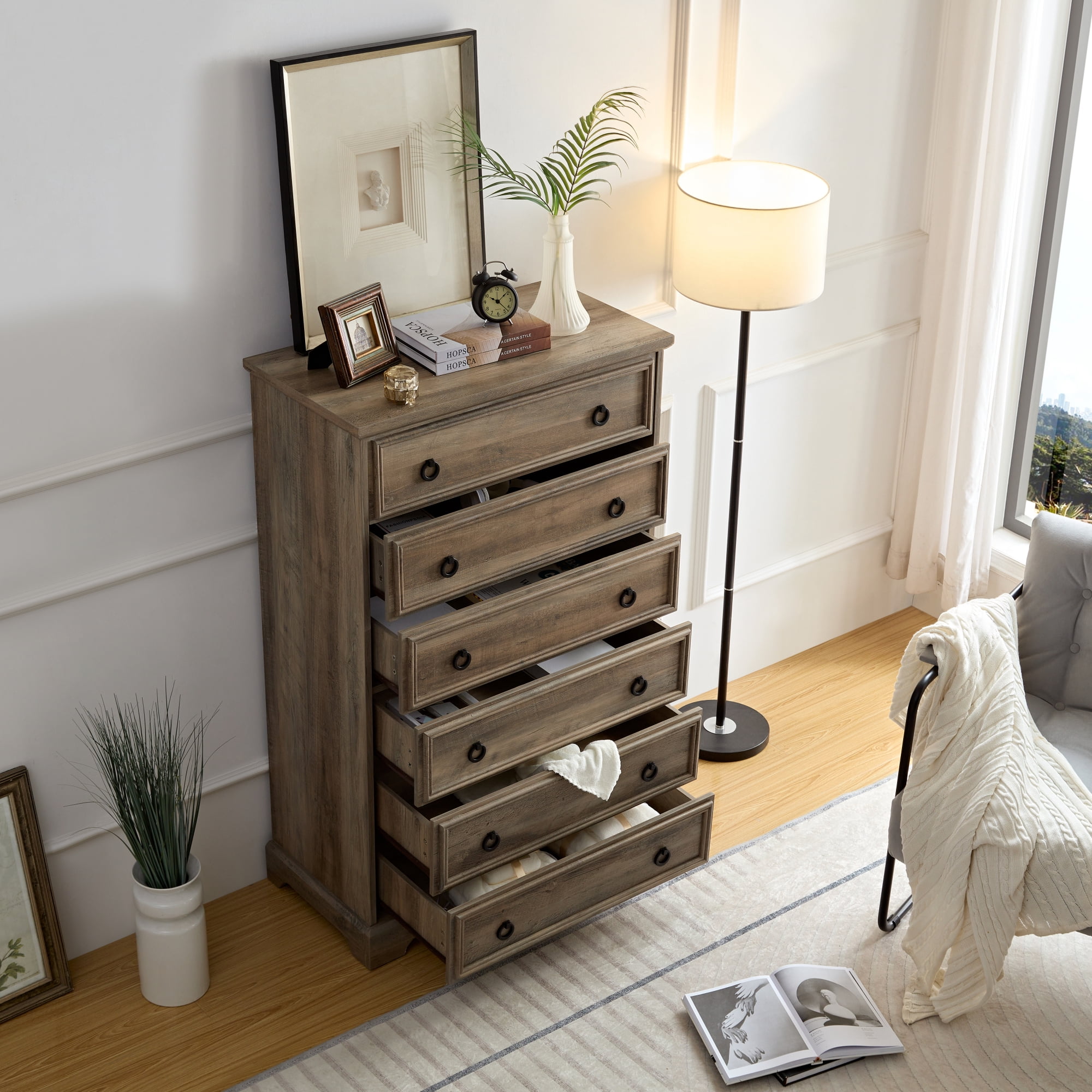 Leumius Modern 6 Drawer Dresser, Tall Chest of Drawers Closet Organizers & Storage Clothes,Easy Pull Handle, Textured Borders for Living Room, Hallway, Bedroom Gray